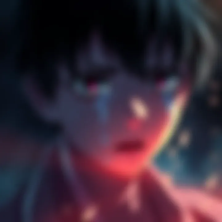 An anime character with tears streaming down their face, expressing deep emotion, surrounded by dark colors for dramatic effect