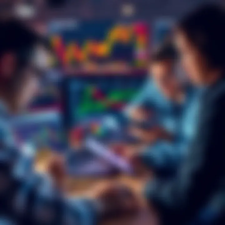 A group of people analyzing cryptocurrency charts and data on laptops and tablets, discussing market movements in 2025