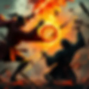 A fierce battle scene where participants of The Culling Game, transformed into jujutsu sorcerers, clash with powerful cursed techniques in a chaotic environment.