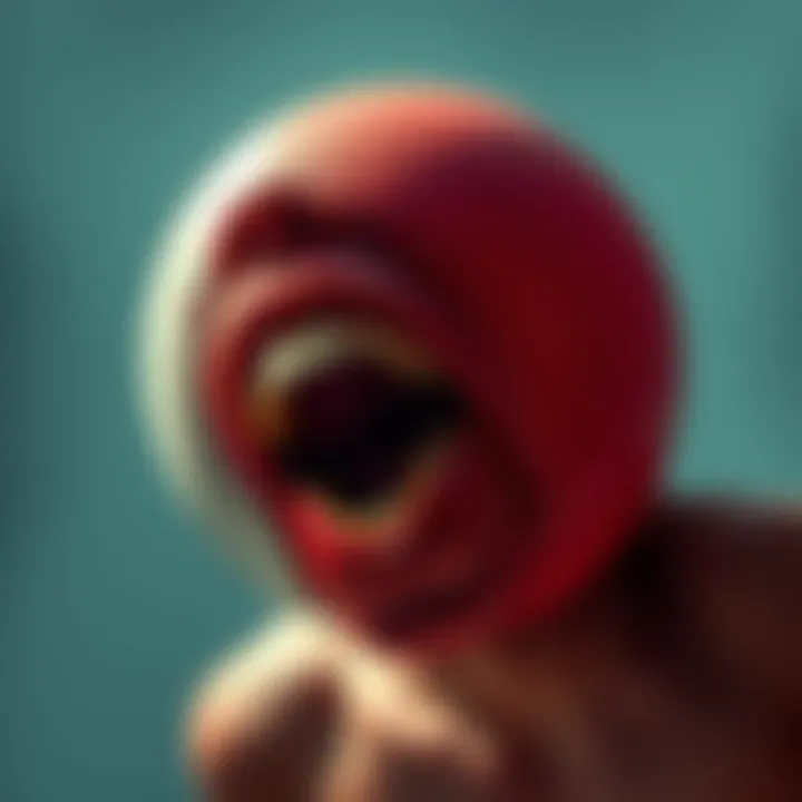 A vivid depiction of a person biting into an object resembling a beach ball, illustrating the metaphor for aggression and vulnerability.