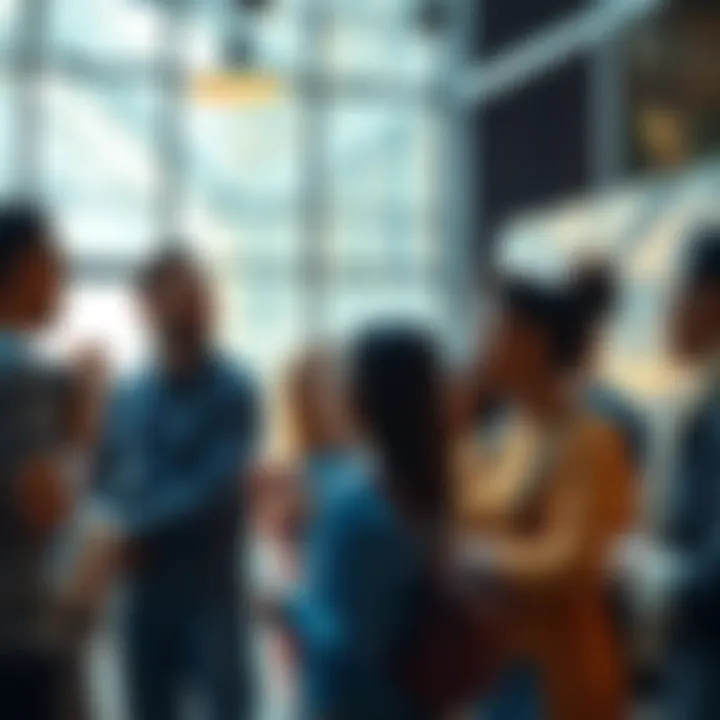 A diverse group of people discussing the significance of 5L in a bright, lively setting.