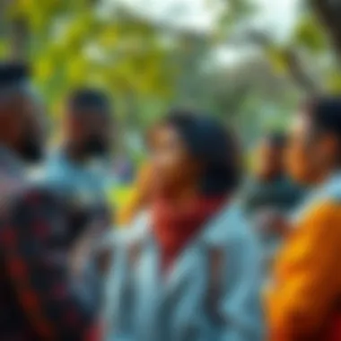 A group of diverse people discussing contemporary social trends in a park setting, with thoughtful expressions and engaged body language.