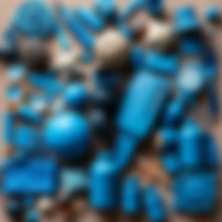 A collage of blue objects representing different cultures, including art, clothing, and nature, showing blue's versatile impact on emotions and society.