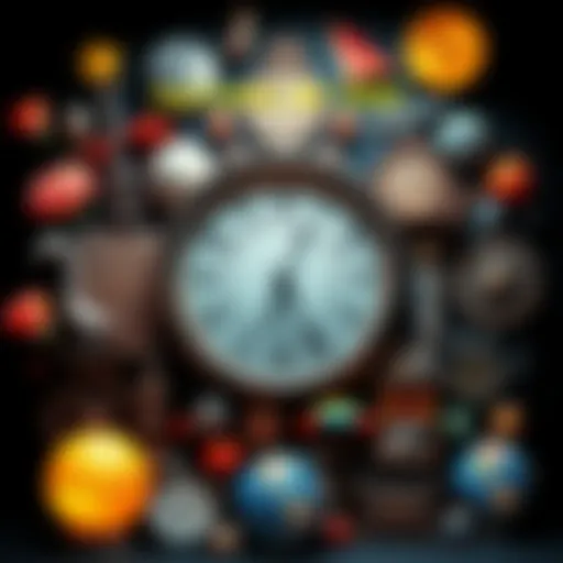 A collection of various cultural symbols representing time, with a clock at the center surrounded by diverse artistic expressions.