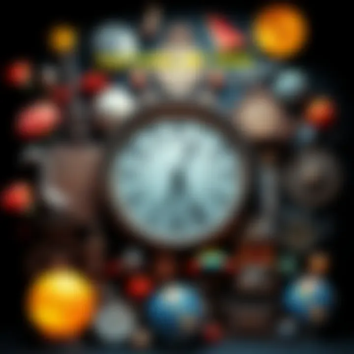 Cultural Symbols of Time A collection of various cultural symbols representing time, with a clock at the center surrounded by diverse artistic expressions.