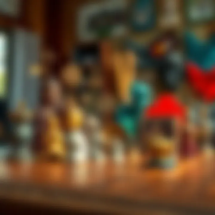 A collection of cultural symbols and artifacts representing various artistic narratives, placed on a wooden table, with a soft-focus background.
