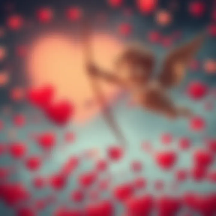 Cupid Shooting an Arrow A depiction of Cupid, a small winged figure with a bow and arrow, aiming towards a couple in love, surrounded by hearts.