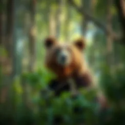 A bear looking curiously at the camera in a forest setting, surrounded by trees and foliage.
