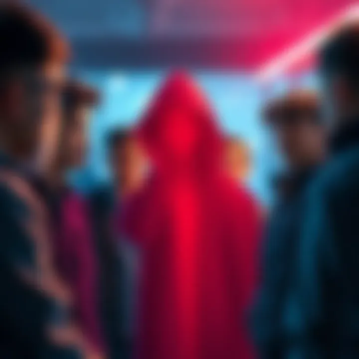 A group of people gathered, discussing and speculating about an unseen figure, with expression of curiosity on their faces.