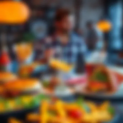 A variety of popular food items people are ordering, including burgers, sushi, and tacos on a table