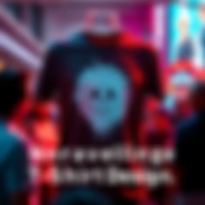 A close-up view of a unique t-shirt featuring an unusual graphic that raises questions about its meaning, surrounded by a few people discussing it.