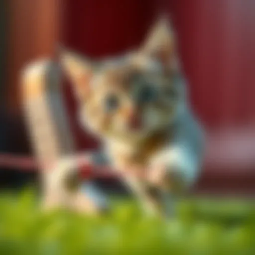 A playful cat chasing a string toy, showcasing its fun-loving nature and charm.