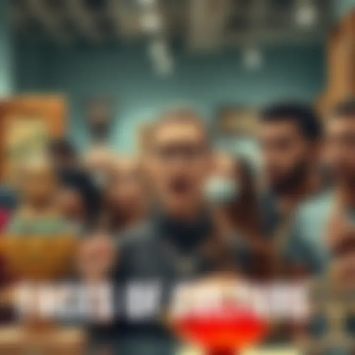 A group of diverse people looking intrigued at various cultural artifacts in a gallery setting