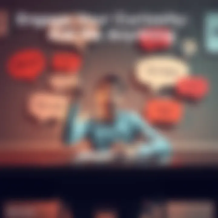 A person sitting at a table with a notepad, looking inquisitive and raising a hand to ask a question, surrounded by speech bubbles representing various topics, symbolizing open dialogue.