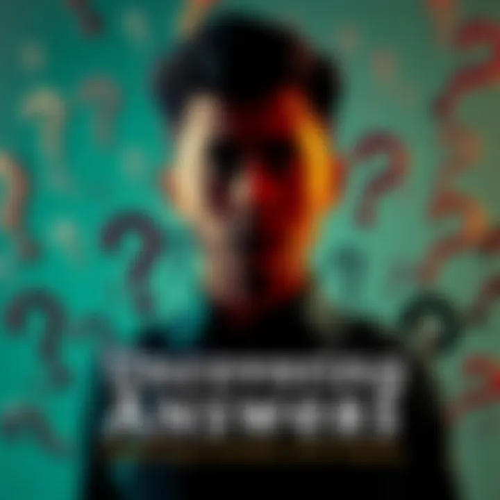 A person surrounded by question marks, symbolizing curiosity and inquiry about knowledge.