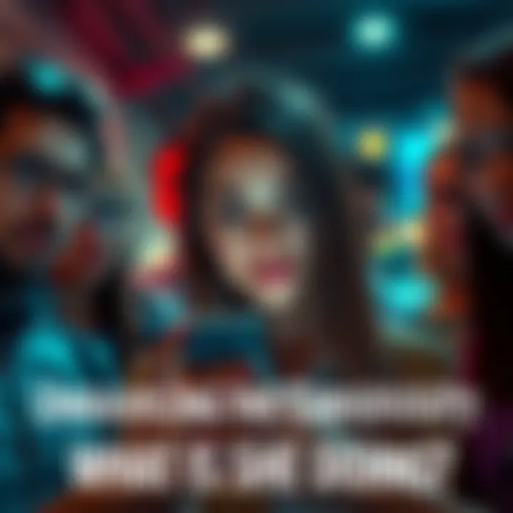 A person curiously looking at their phone, surrounded by friends who are also watching.