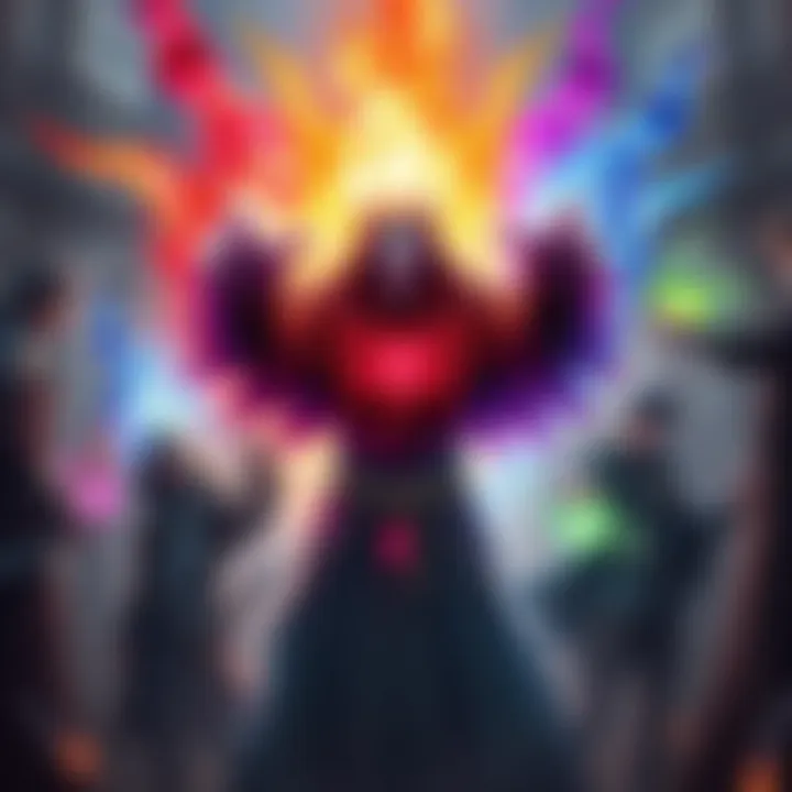 Curse Energy Changes A visual representation of sorcery with glowing energy shifting colors, symbolizing changes in curse energy, surrounded by fantasy characters
