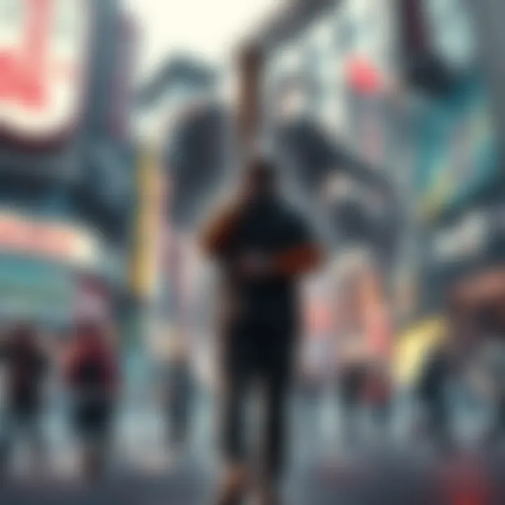 Cursed bat and Shibuya scene A participant holding a cursed baseball bat stands in a chaotic Shibuya, surrounded by cursed spirits and people running.