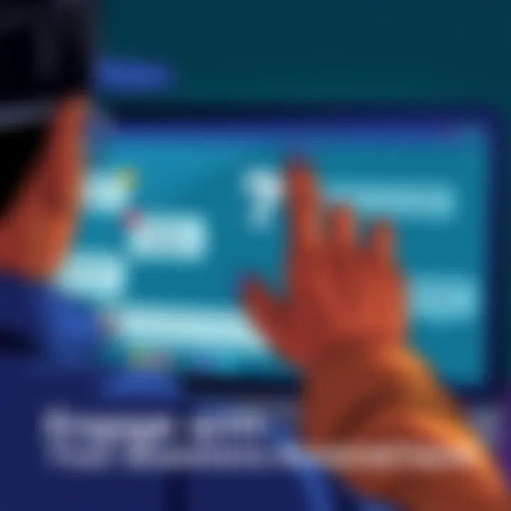 Illustration of a person engaging in an online chat, with a question mark and a finger pointing to the screen, inviting questions from the community.