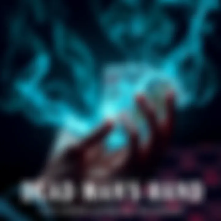 A pair of hands holding a spectral deck of playing cards with swirling energy around them, symbolizing the Dead Man's Hand technique.