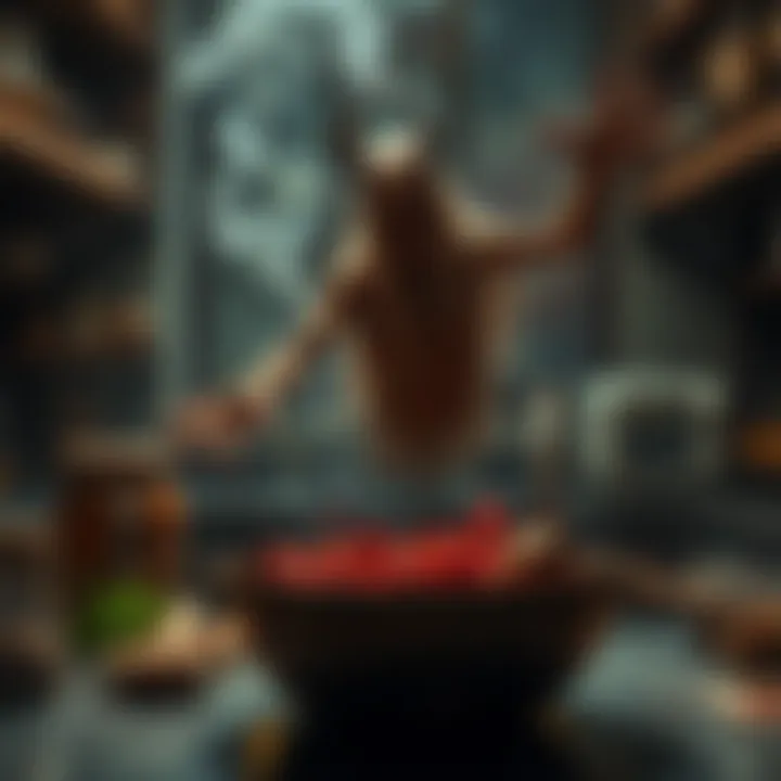 A cursed spirit floating in a kitchen, surrounded by various seasonings, but showing a repulsive appearance that suggests it cannot be seasoned, with dark and smoky colors.