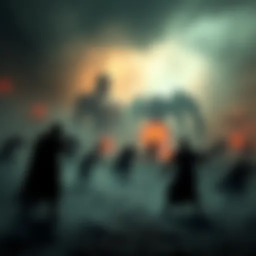 A group of earthlings and Simurians unite to fight against cursed spirits in a dramatic landscape filled with dark shadows and eerie mist.