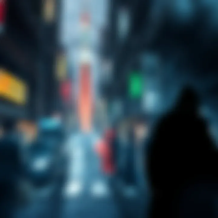 A dark, shadowy figure representing a cursed spirit lurks in the populated streets of Sendai, with Tokyo's skyline in the background, capturing the tension of the Culling Games.