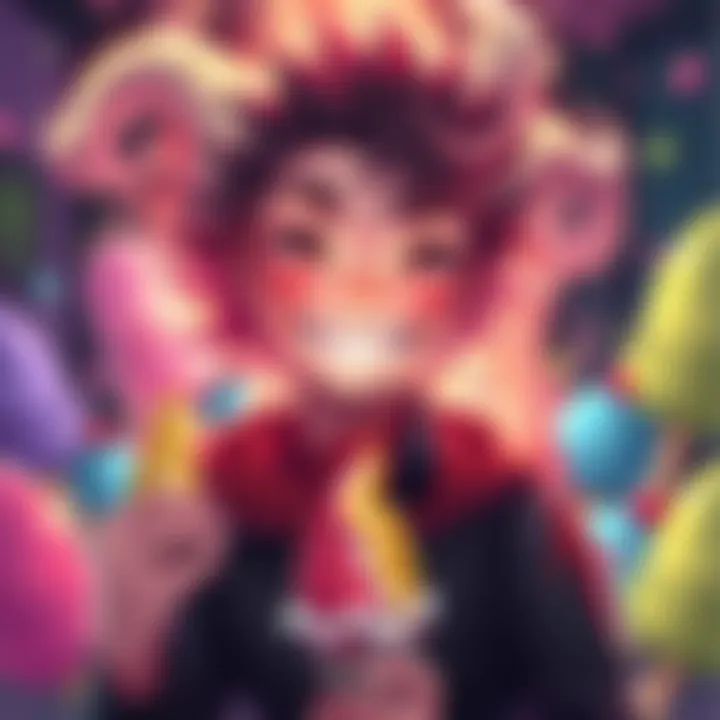 A character smiles as he transforms a cursed spirit into a charming companion, surrounded by colorful ice cream flavors, showcasing a blend of fantasy and fun.