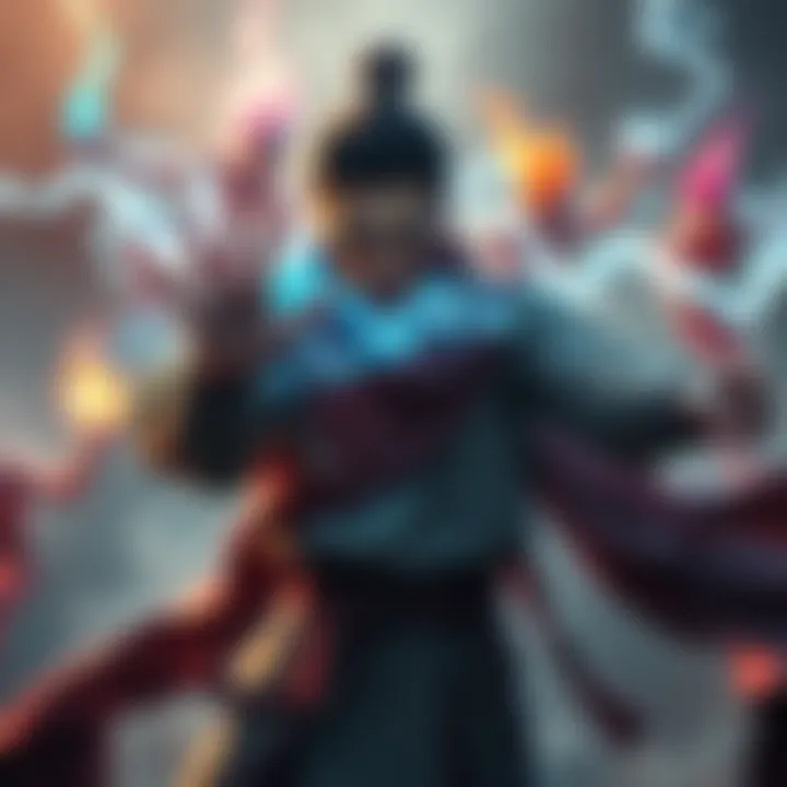 A character demonstrating cursed technique with shadow manipulation and spirits surrounding them, showcasing powerful energy