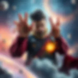 A character demonstrating a cursed technique, surrounded by cosmic elements like stars and galaxies, symbolizing intergalactic travel.