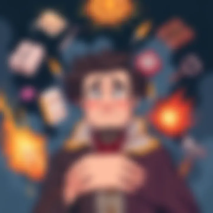 Illustration of a sorcerer looking confused while surrounded by symbols of sugar, tools, and explosive elements, signifying ineffective cursed techniques.