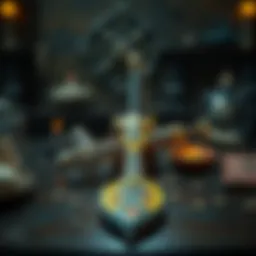 An ancient, ornate spear with glowing symbols, sitting on a dark wooden table surrounded by magical artifacts.