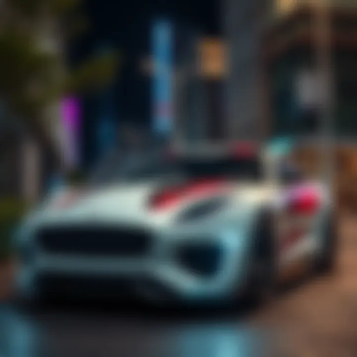 A sleek car modified for street racing, featuring bold designs and racing decals, parked on a city street at night.