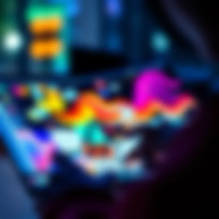 A person editing their unique Lainpaper on a digital device, showcasing colorful themes and patterns.