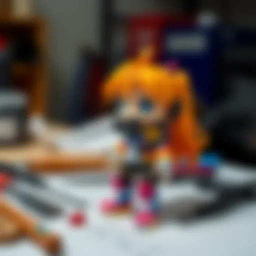 A custom Nendoroid figure painted in bright colors with unique features and accessories, displayed on a crafting table with tools around it.