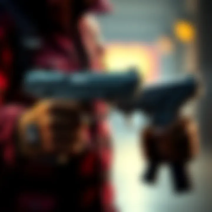 A character showcasing custom-made heavy pistols, emphasizing their unique design and size compared to standard firearms.