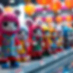 A display of custom fumos dressed in various colorful outfits, showcasing creativity and playfulness.
