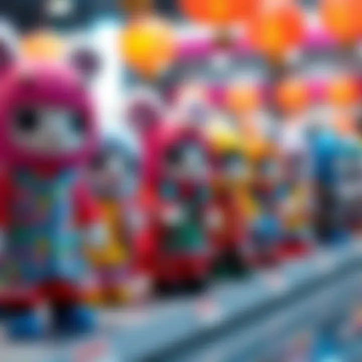 A display of custom fumos dressed in various colorful outfits, showcasing creativity and playfulness.