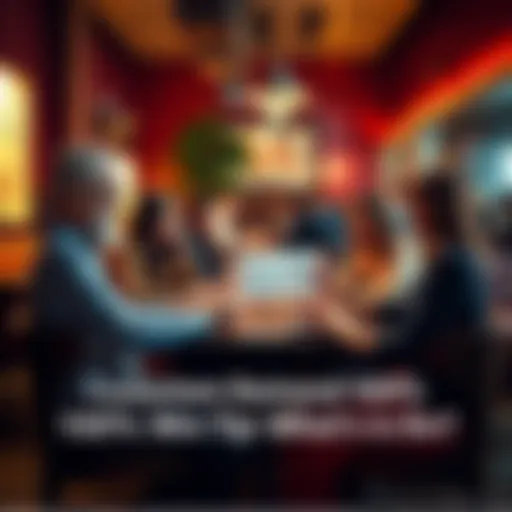 Group of people at a restaurant table debating tips, with a check and calculator