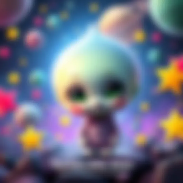 Cute alien character in a colorful setting A charming alien girl with big eyes and a friendly smile, surrounded by vibrant stars and planets, showcasing her appealing design in a playful space environment
