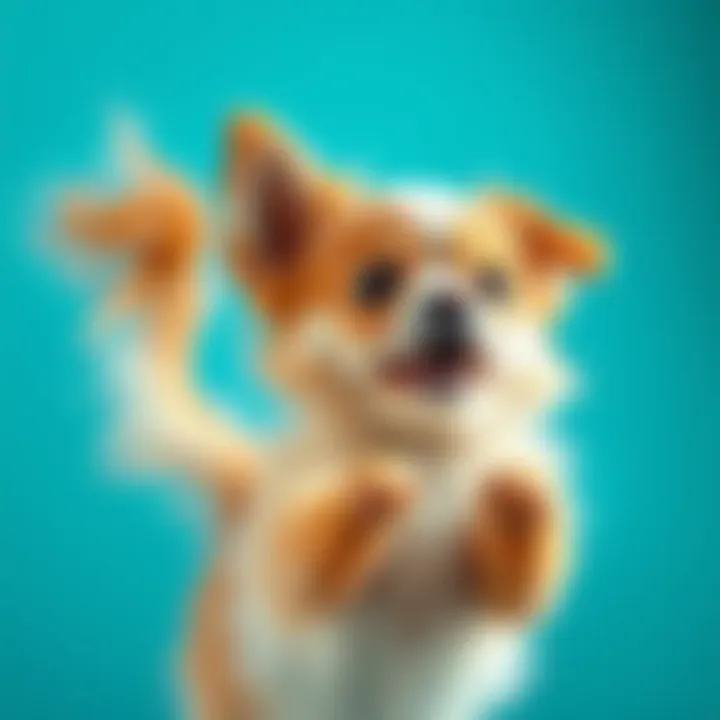 A small, fluffy dog jumps back with wide eyes, showing a surprised look as it encounters a sudden noise. Its fluffy tail is raised, adding to the comical expression of fear and cuteness.