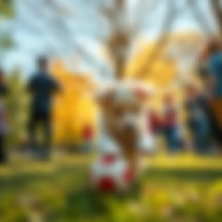 Cute Animal Playing A cute puppy playing with a ball in a sunny park, surrounded by happy people taking pictures.