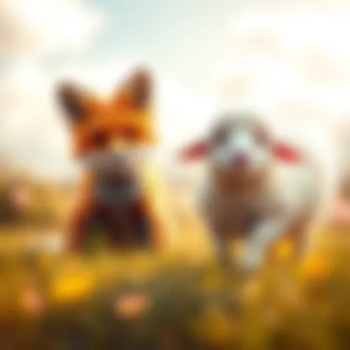 A fluffy fox and an adorable sheep playing in a sunny field