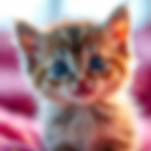 A fluffy kitten with large eyes looking playfully at the viewer, evoking a sense of joy and affection.