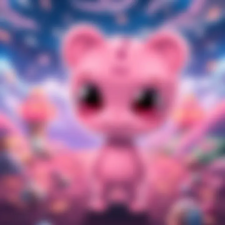 A cute pink alien character with big eyes and a friendly smile, standing in a colorful anime landscape