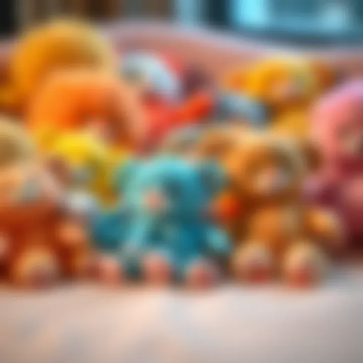 A collection of adorable plush toys featuring small feet and cheerful smiles, arranged on a soft surface