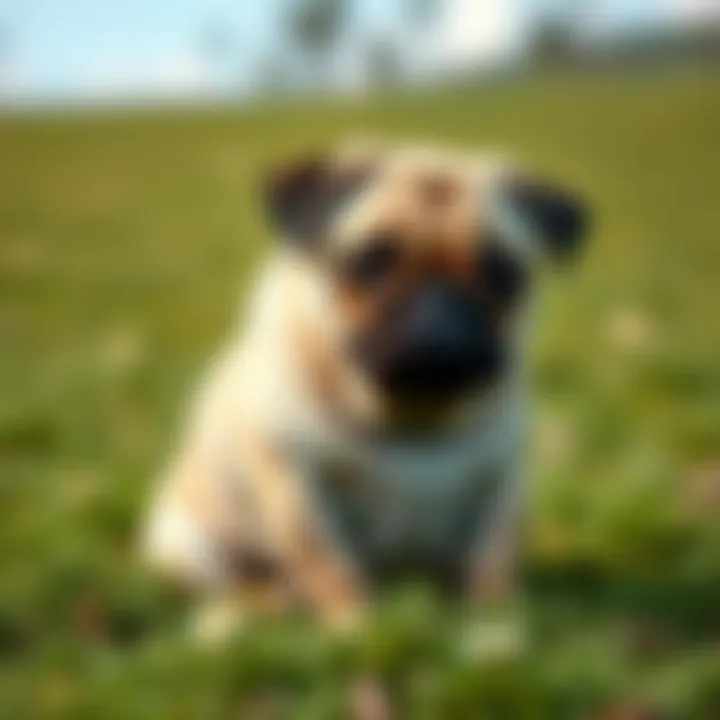 A cute pug with a wrinkled face and big eyes sitting on a grassy field