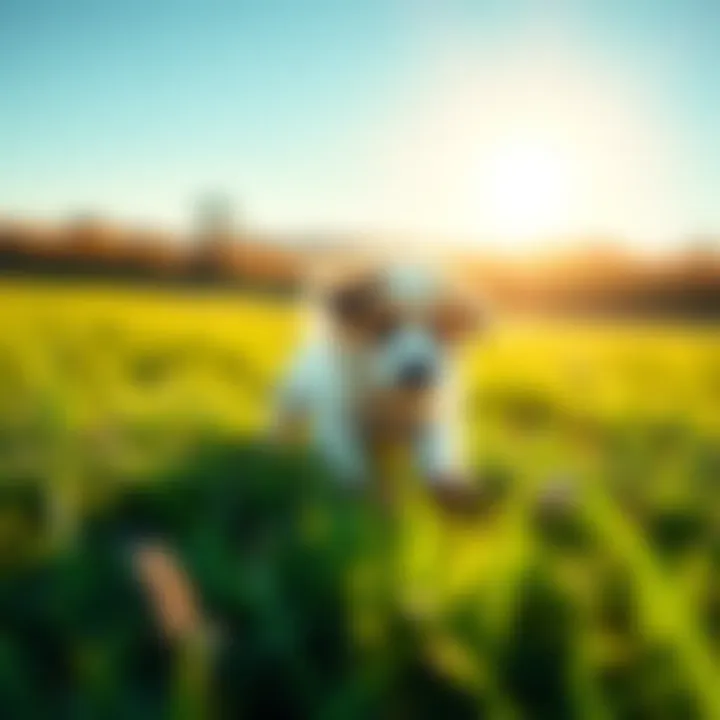 A fluffy puppy joyfully playing in a green field under a bright sun, showcasing its playful spirit.