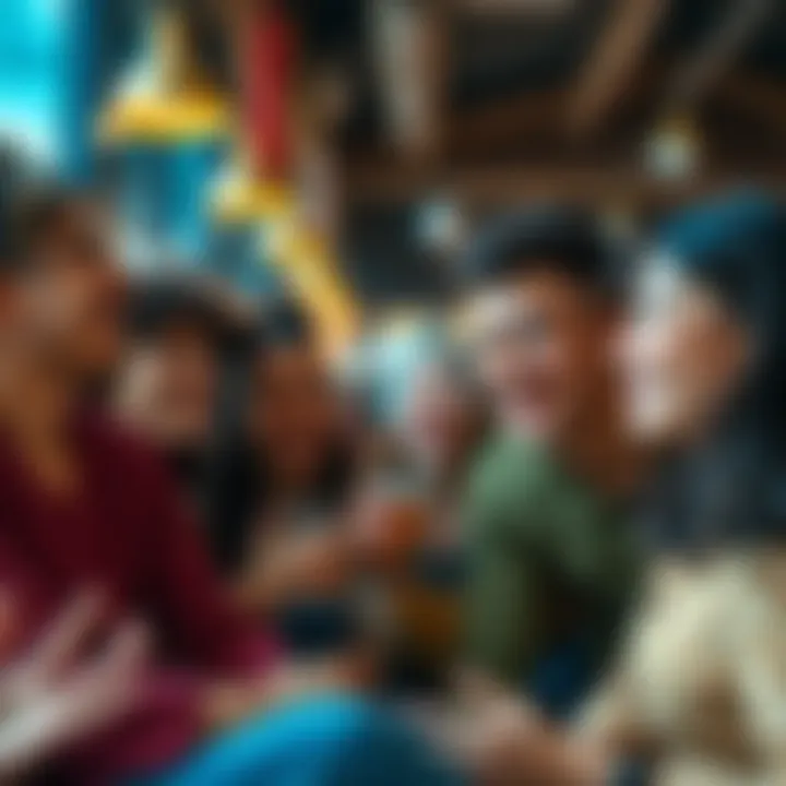 A diverse group of people sharing laughter and engaging over quirky trends in a lively setting.