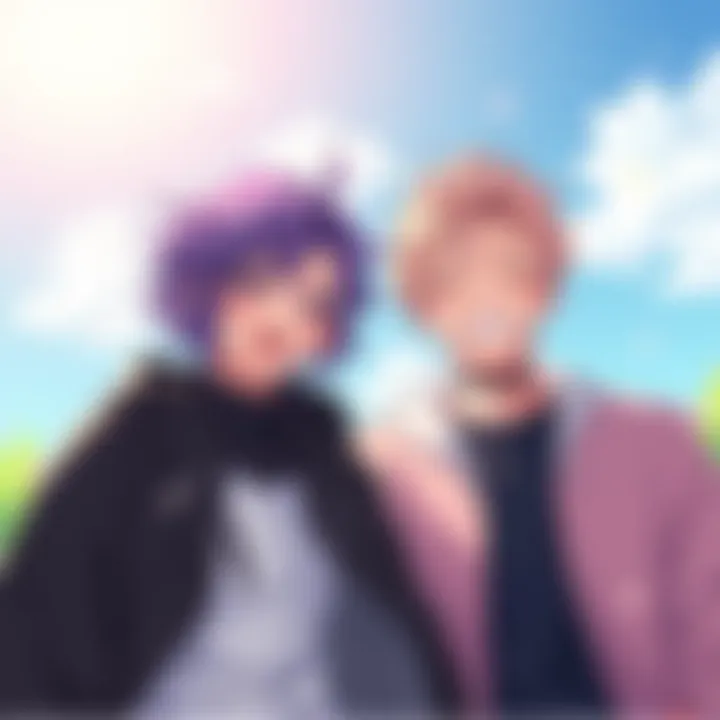 Cute anime boys Two adorable anime boys, one with purple hair and a tsundere look, the other with cheerful pink hair, enjoying a sunny day together.